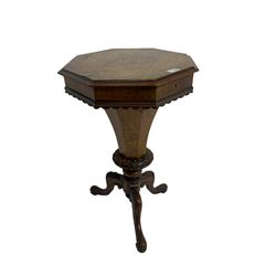 Victorian walnut hexagonal sewing table, inlaid with foliate scrolls, the hinged lid revealing fitted interior, on acathus carved splayed supports