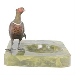 After Franz Bergman, 20th century cold painted bronze, of a pheasant, mounted on an onyx ashtray, H13cm, L22cm