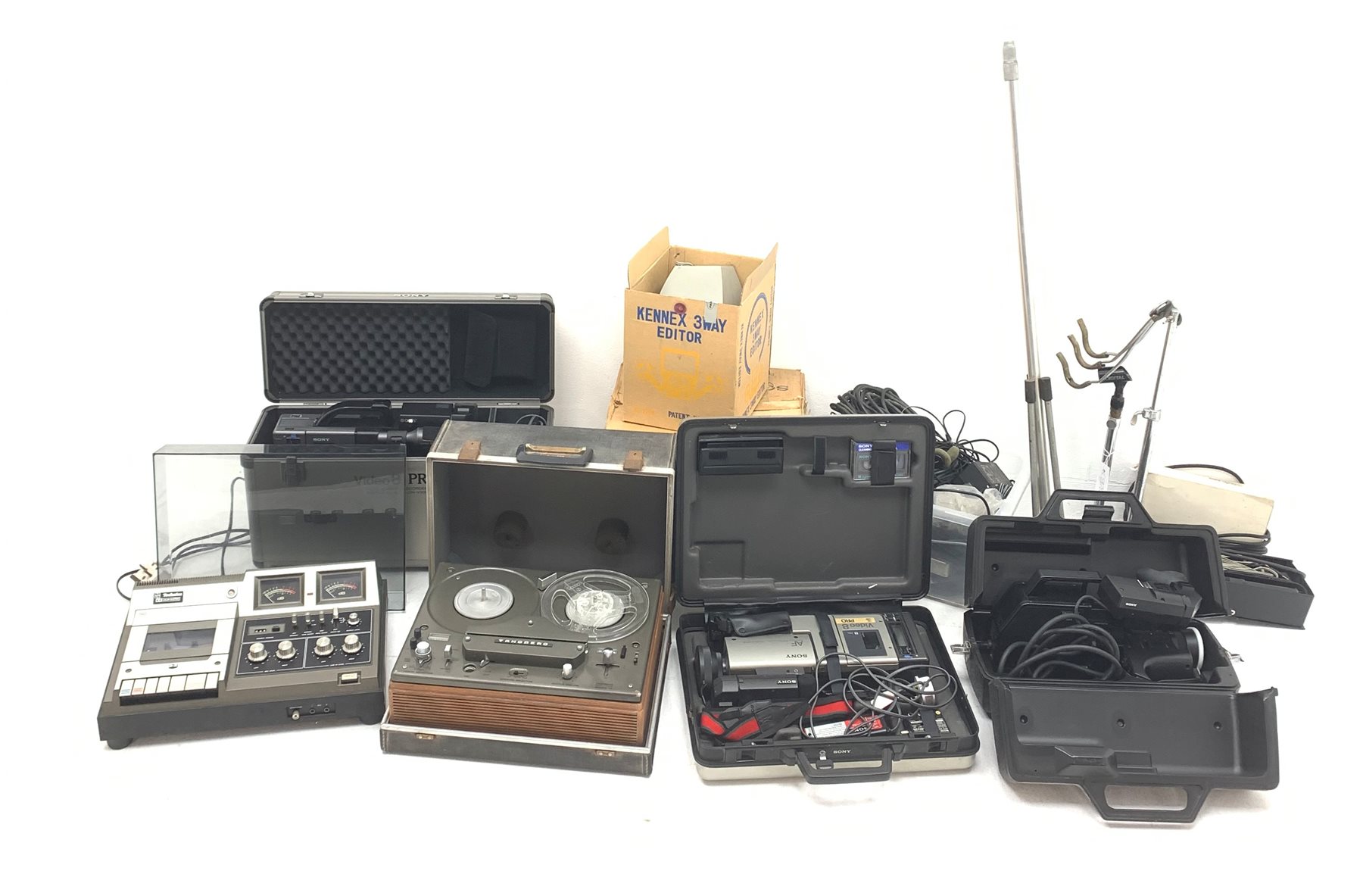 Trinicon Sony Video camera, HVC-4000P,  Sony video camera selector model HVS-2000P, Tandberg Radiofabrikk tape recorder,  Technics model RS 640 USD, Sony Video 8 Pro CCD-V100E cased, another model CCD-V200E, Vivanco Audio/ Video Processor VCR 3044, Ampex 456 tapes etc 