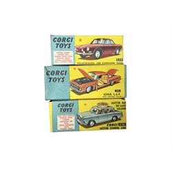 Corgi - No.236 Austin A60 De Luxe Saloon Motor School Car; No.239 Volkswagen 1500 Karmann Ghia with suitcase and spare wheel in boot; and No.241 Ghia L.6.4 with Chrysler Engine, corgi dog on back shelf and suitcase in boot; all boxed (3)