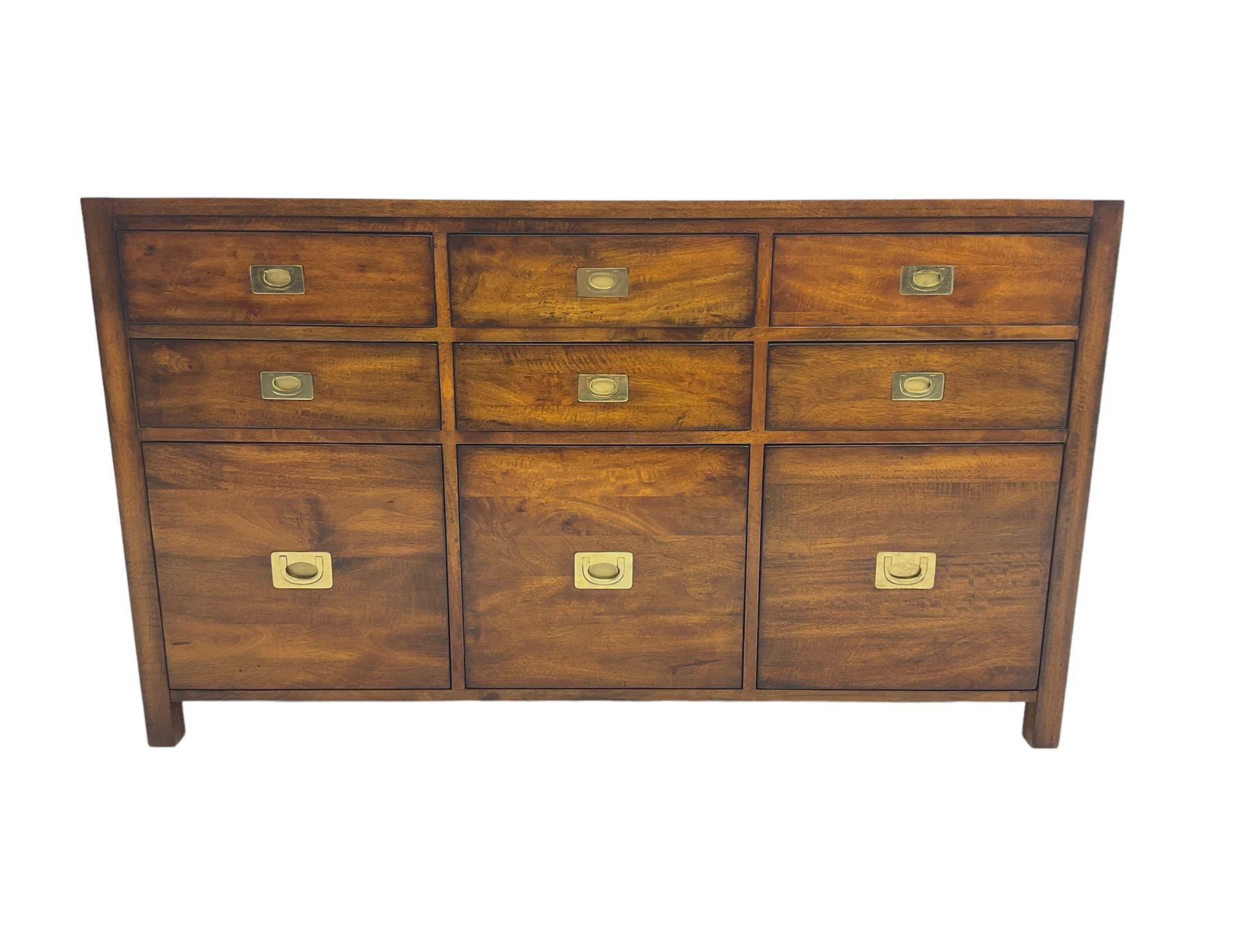 Cherrywood military style sideboard chest, fitted with nine drawers with recessed brass handles