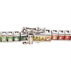 9ct white gold rainbow sapphire bracelet, channel set with eighty-five square cut fancy coloured sapphires, hallmarked, total sapphire weight approx 4.85 carat