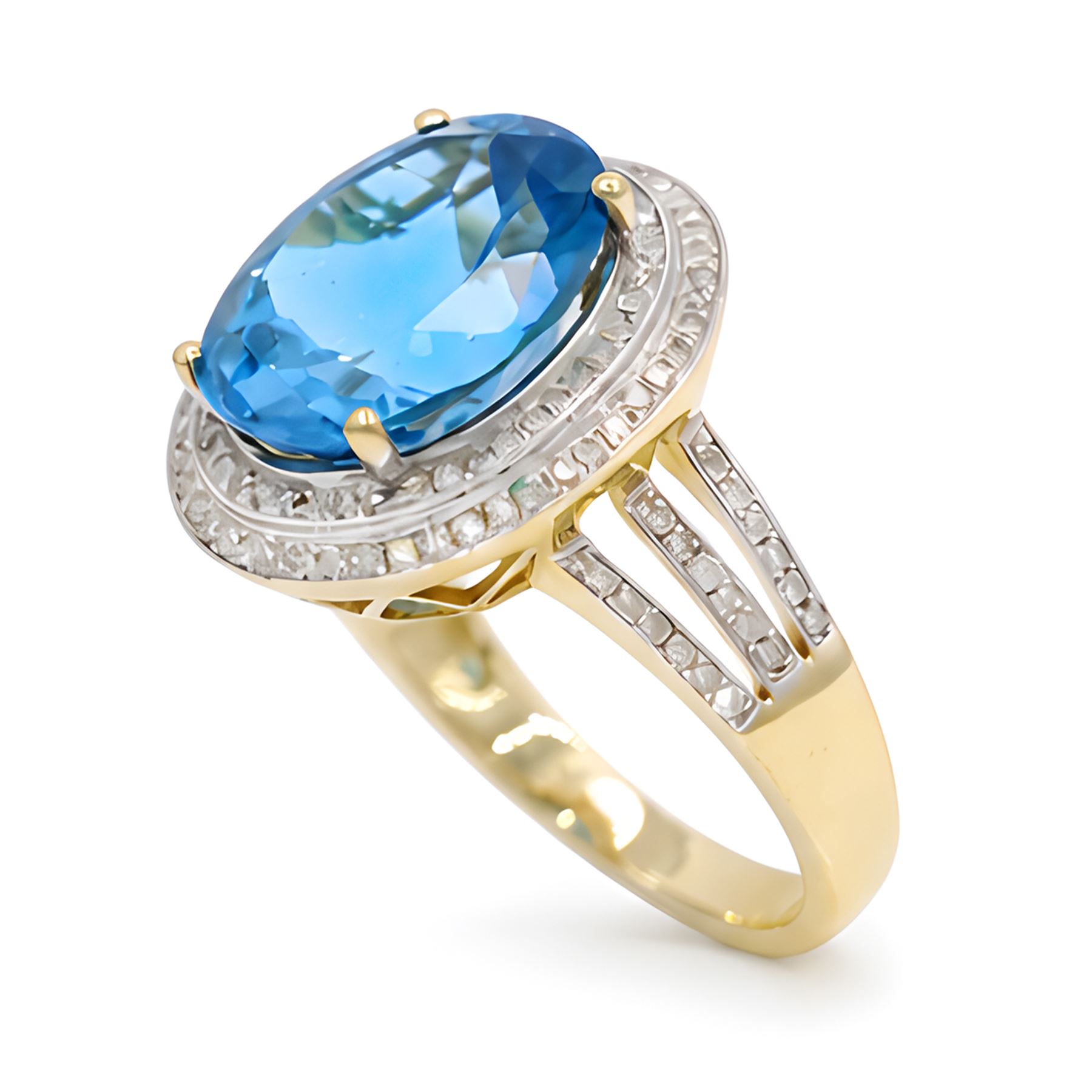 14ct gold Swiss blue topaz and diamond cluster ring, single oval cut topaz of approx 8.85 carat, surrounded by two rows of single cut diamonds and split diamond set shoulders