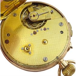 9ct gold open face keyless Swiss lever chronograph pocket watch, white enamel dial with Roman numerals, outer seconds track numbered 25-300, case by Smith & Ewen, Chester import mark 1928