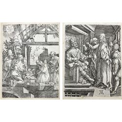 After Albrecht Dürer (German 1471-1528): 'The Nativity - the Adoration of the Shepherds' and 'Christ Before Herod', plates 4 & 16 from 'The Small Passion', pair 17th / 18th century engravings 13cm x 10cm (2)