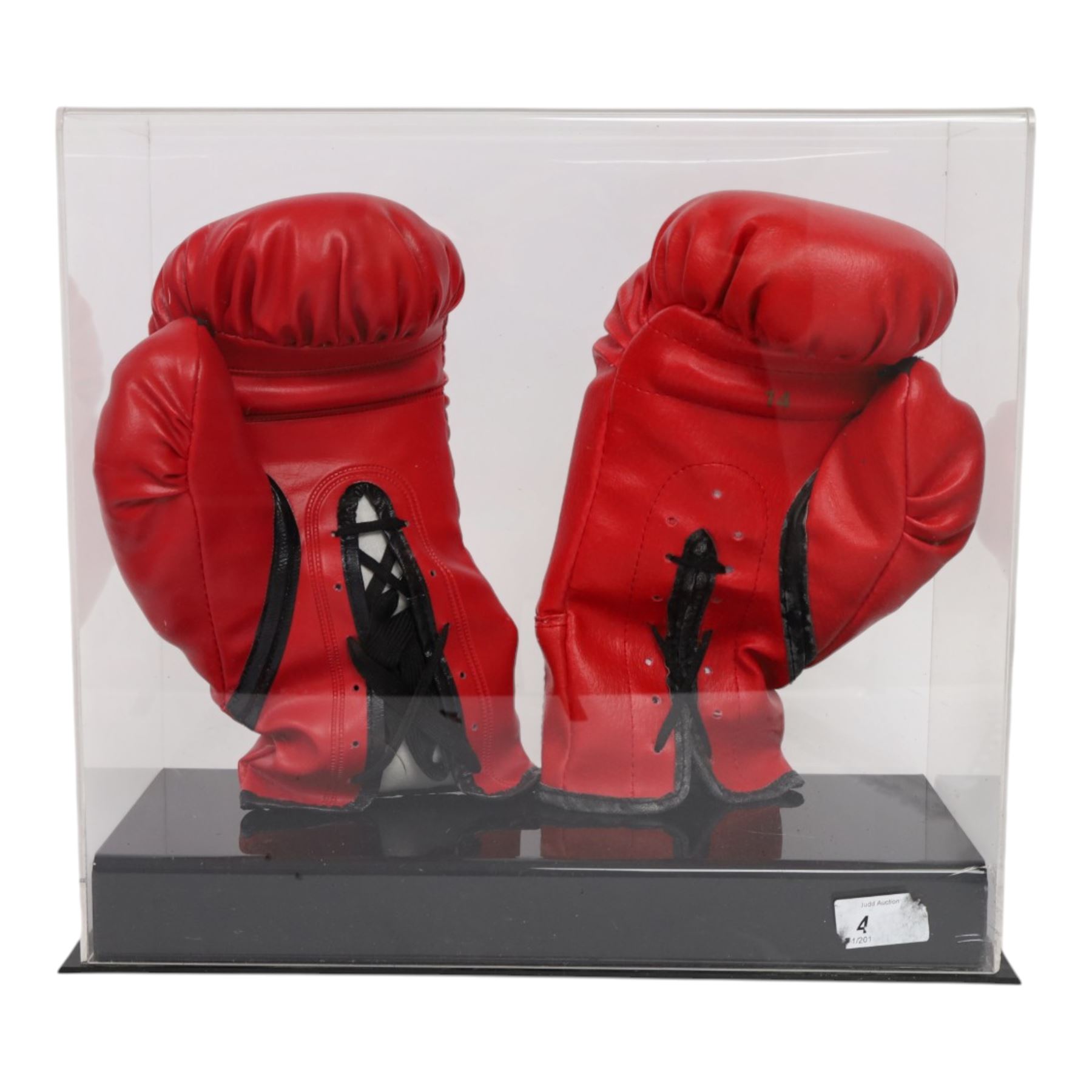 Muhammad Ali and George Foreman signed boxing gloves, two Everlast gloves the left hand glove signed by Ali and right signed by Foreman, both in black marker pen, in Perspex display case with plaque to base displayed with a further unsigned glove, each with Mounted Memories holographic stickers, case H36cm