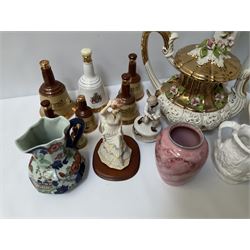 Large novelty Italian teapot with floral and gilt decoration, jardeniere with applied floral decoration, Bell’s Whisky (all opened), other ceramics etc