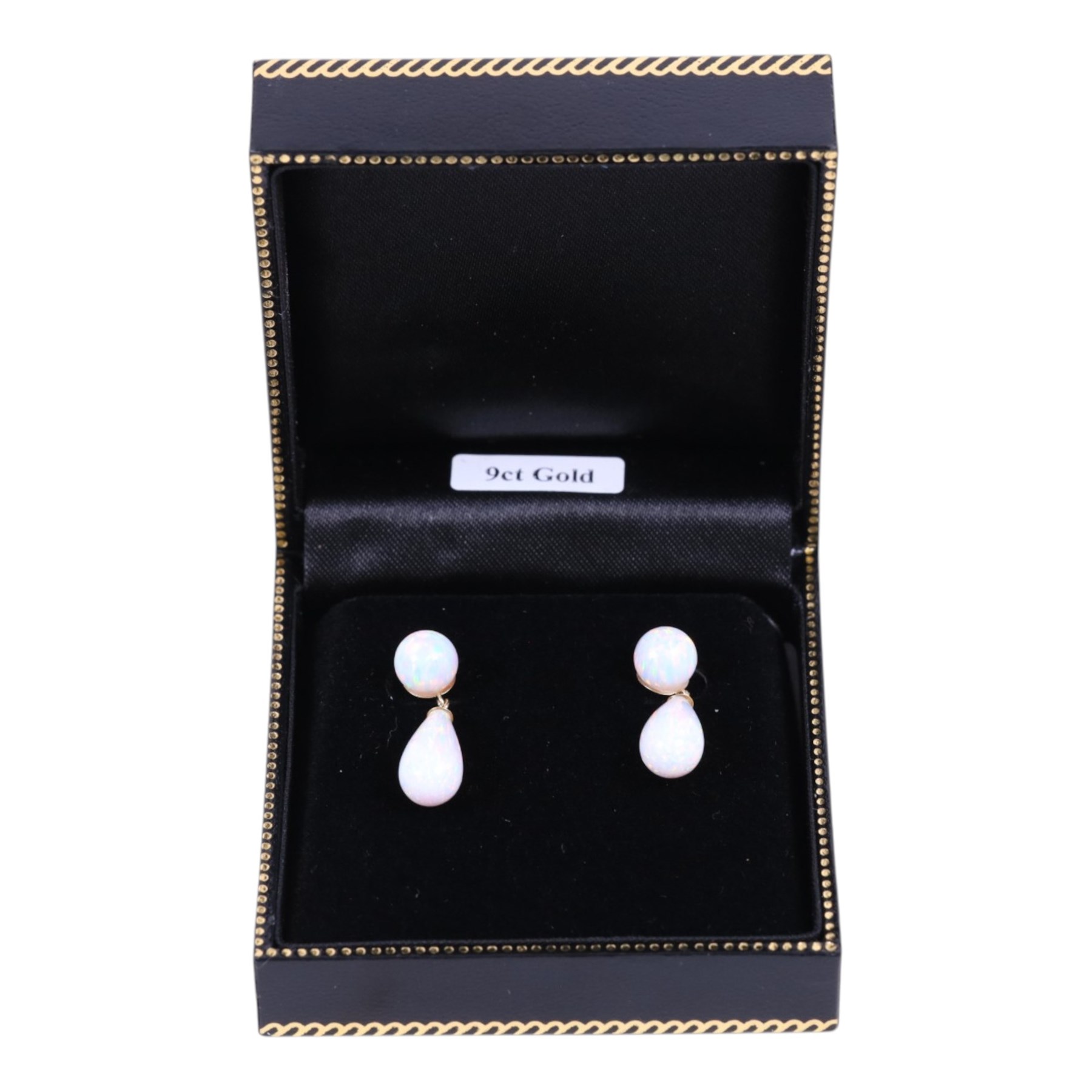Pair of 9ct gold opal pendant earrings, boxed