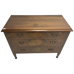 Early to mid-20th century walnut chest, fitted with three graduating drawers with bookmatch veneer facias, raised on square tapering supports
