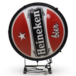 Heineken Bier Advertising sign - circular convex backlit logo, on cast metal bracket