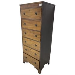 19th century mahogany tallboy chest, banded frieze, fitted with six cock-beaded long drawers with circular handle plates, on bracket feet