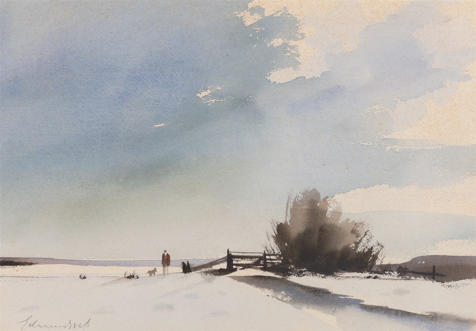 Edward Seago RWS RBA (British 1910-1974): Farmer with Dog in Winter Landscape, watercolour signed in pencil, later title verso 25cm x 36.5cm