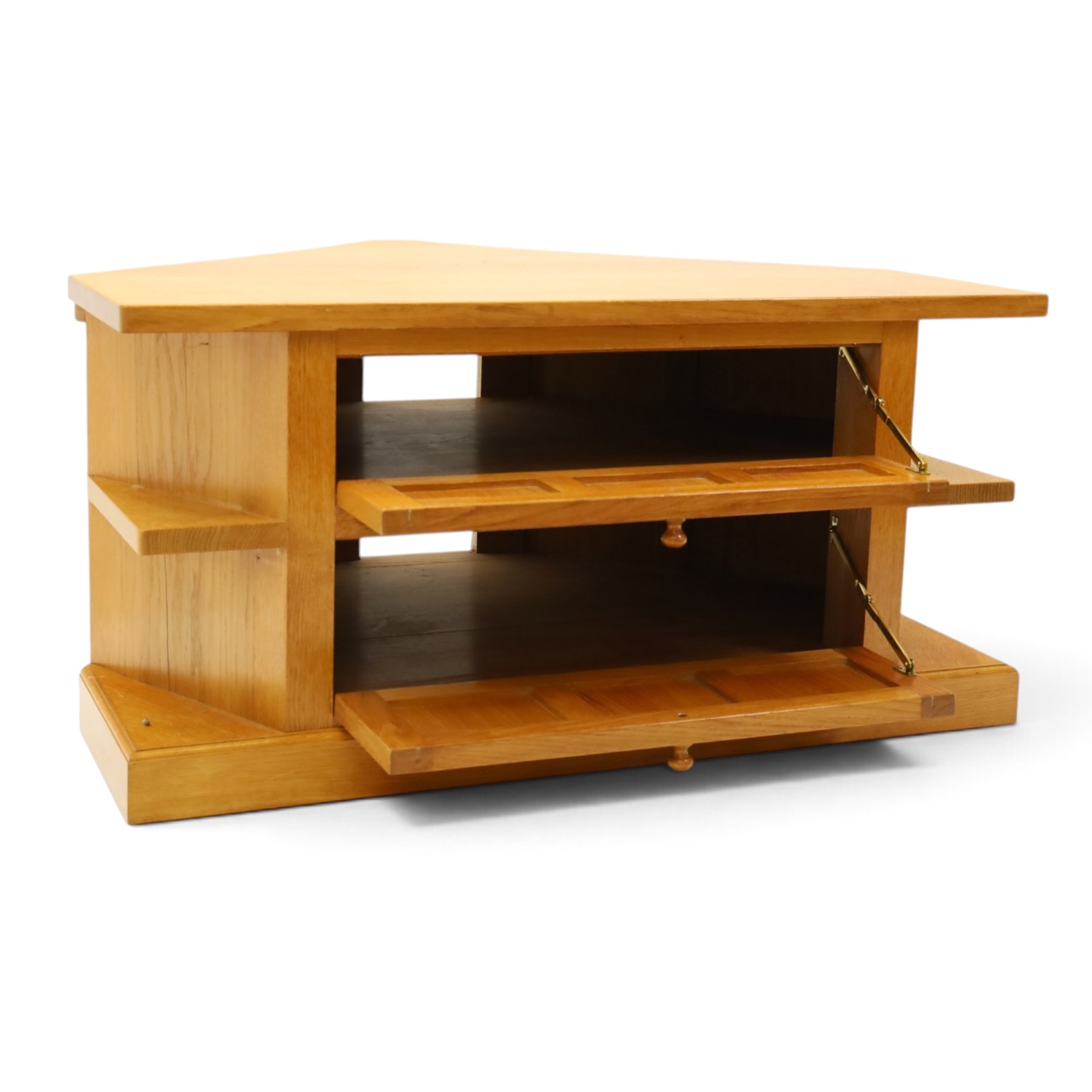 Seahorseman - craftsman made Yorkshire oak corner media unit, fitted with two panelled fall-front compartments flanked by open corner shelves, carved with seahorse signature, by Shaw and Michael Riley, Hessay, York
