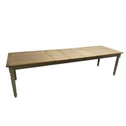 Neptune - 'Suffolk' 8-12 seat extending dining table, rectangular oak with breadboarded ends, on light grey finish base with turned supports, three additional leaves