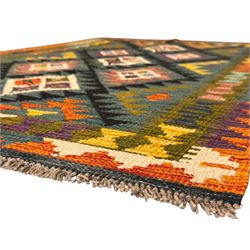 Afghan Maimana Kilim flatweave rug, teal ground with a vibrant multicoloured diamond lattice, framed by stylised border motifs and finished with fringed edges