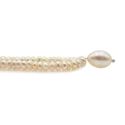  Single strand freshwater pearl necklace with pearl drop, silver clasp stamped 925, cased  