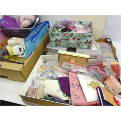  Quantity of haberdashery including, needlework kits, cottons, yarn, beads, knitting needles and other similar items in seven boxes  