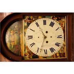  Early 19th century mahogany and rosewood banded longcase clock, eight day movement, four seasons and farming scene painted enamel dial, subsidiary date and second dial, signed 'Glasgow', H228cm  