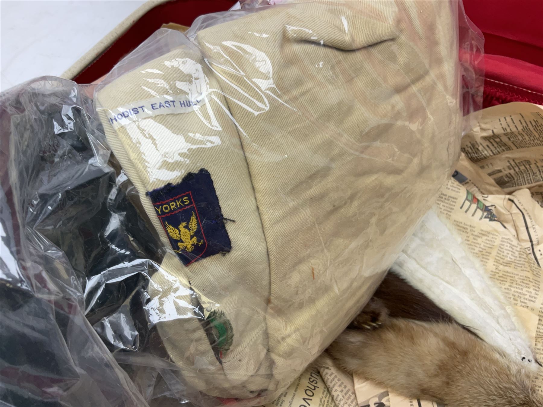 Scout uniform and scout books, together with a vintage suitcase, and mink stoles 
