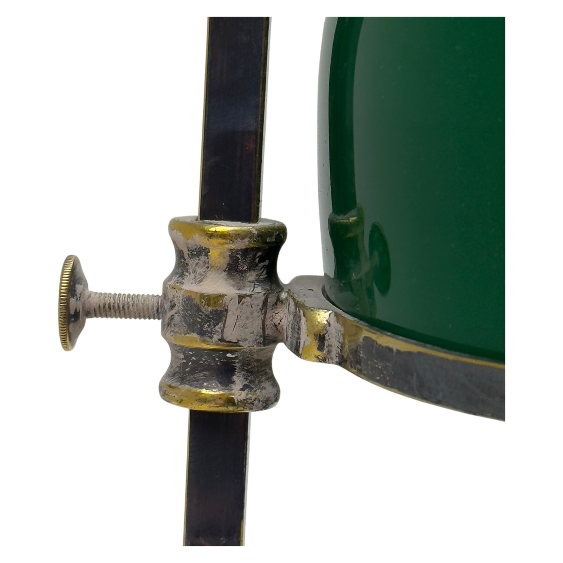 20th century Hinks student's oil lamp, silvered brass stand with faceted glass resovoir and green glass shade, H65cm