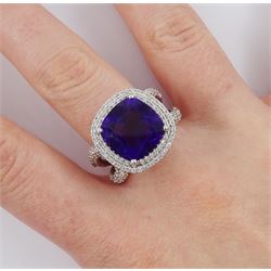 Damas 18ct white gold amethyst and diamond Vera ring, the central square cushion cut amethyst of 6.28 carat, with round brilliant cut diamond surround, pear cut amethyst gallery and diamond set shoulders, total amethyst weight 15.48 carat, total diamond weight 1.10 carat, with certificate