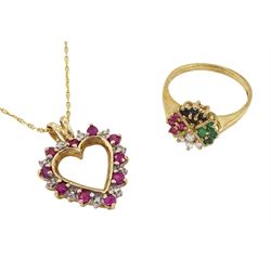 10ct gold ruby and diamond chip pendant, on 14ct gold chain necklace and a 9ct gold stone set cluster ring, hallmarked