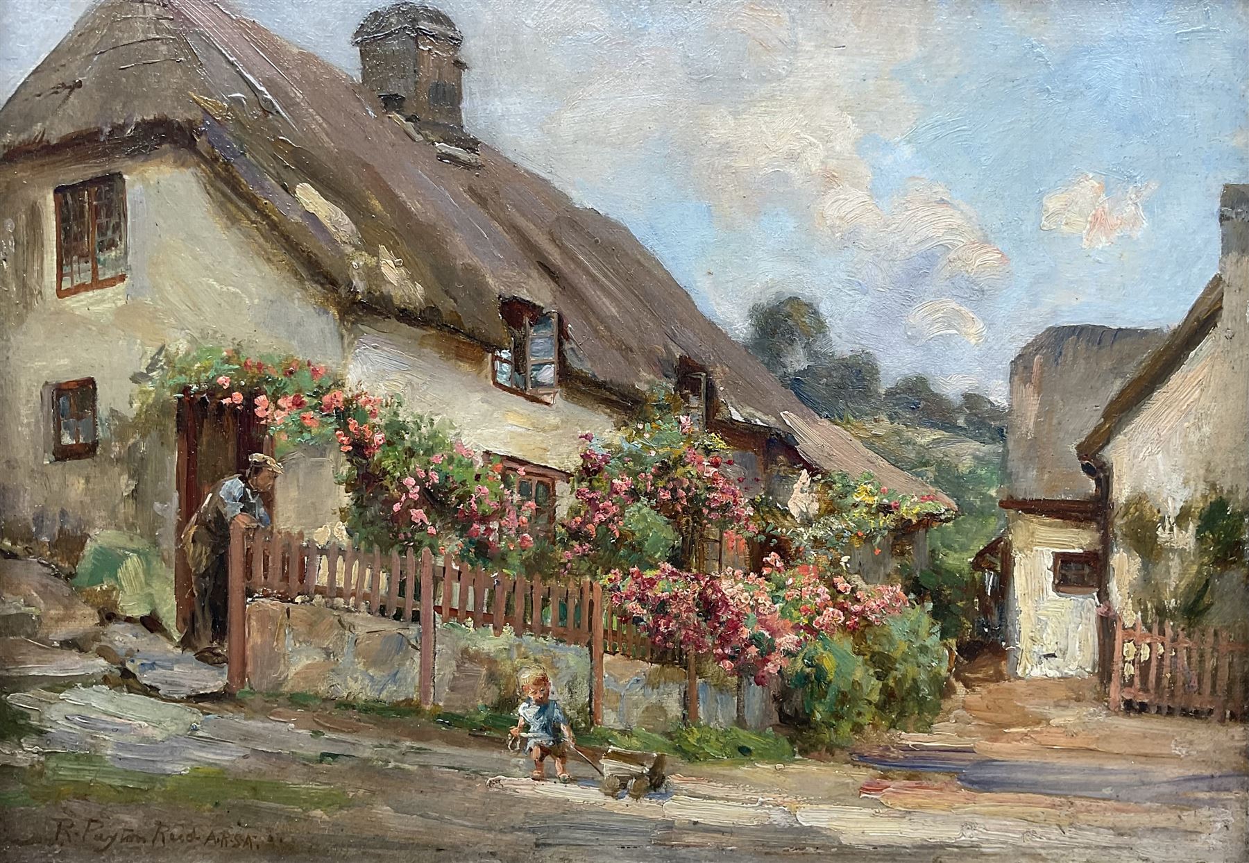 Robert Payton Reid (Scottish 1859-1945): 'A Cottage near Dartmoor - Lustleigh', oil on board signed, titled verso 24cm x 35cm 
Provenance: exh. Forrest McKay, Edinburgh, June 1990, label verso; from the artist's daughter