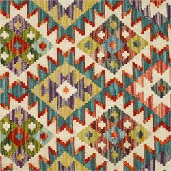 Chobi kilim runner, flatwoven with repeating hooked diamond motifs in shades of red, green, blue, yellow and cream, framed by geometric guard borders