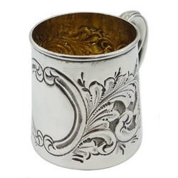  Silver christening mug by John Rose Birmingham 1905, embossed acanthus decoration, blank cartouche, double scroll handle 6cm   