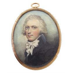 Andrew Plimer (British 1763-1837)
Portrait miniature upon ivory
Head and shoulder portrait of Captain Frederick G Carmichael, 9th Regiment of Light Dragoons
Within period gold frame, with hair work and central gilt monogram 'FD' verso 
Oval 5.5cm x 4.3cm

Andrew Plimer was a well known portrait miniaturist who had a great number of clients up to and during the 1790s. 
After obtaining a position as 'studio boy' in the residence of  eminent miniaturist Richard Cosway, Plimer is said to have taken lessens in drawing with the approval of Cosway, whilst some note that he may have received training from Cosway directly. 
Plimer also exhibited frequently at the Royal Academy from around 1785 up until 1810, and later also in 1819. 
