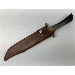 Large Bowie knife the 24.5cm steel blade marked J.E. Middleton & Sons Rockingham Street Sheffield with brass cross-piece and polished horn grip scales; in leather sheath L41cm overall