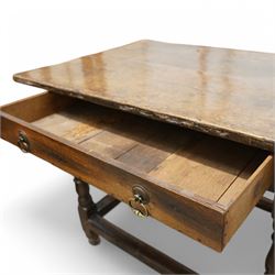 18th century oak side table, two plank rectangular top over single drawer, on turned supports united by plain stretchers 