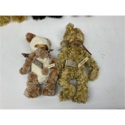 Seven Charlie Bears, comprising limited edition Anniversary Cheesecake SJ5471, designed by Isabelle lee, 431/500, Nuala CB185169, Liddy CB161648A, Philomena CB151592, and AJ CB171784B, each designed by Isabelle Lee, plus Shenanigans CB205243O, and another example lacking tag 