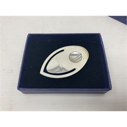 Modern silver bookmark, embossed with cricket ball, hallmarked Laurence R Watson & Co, Birmingham 2003, H6cm, boxed 