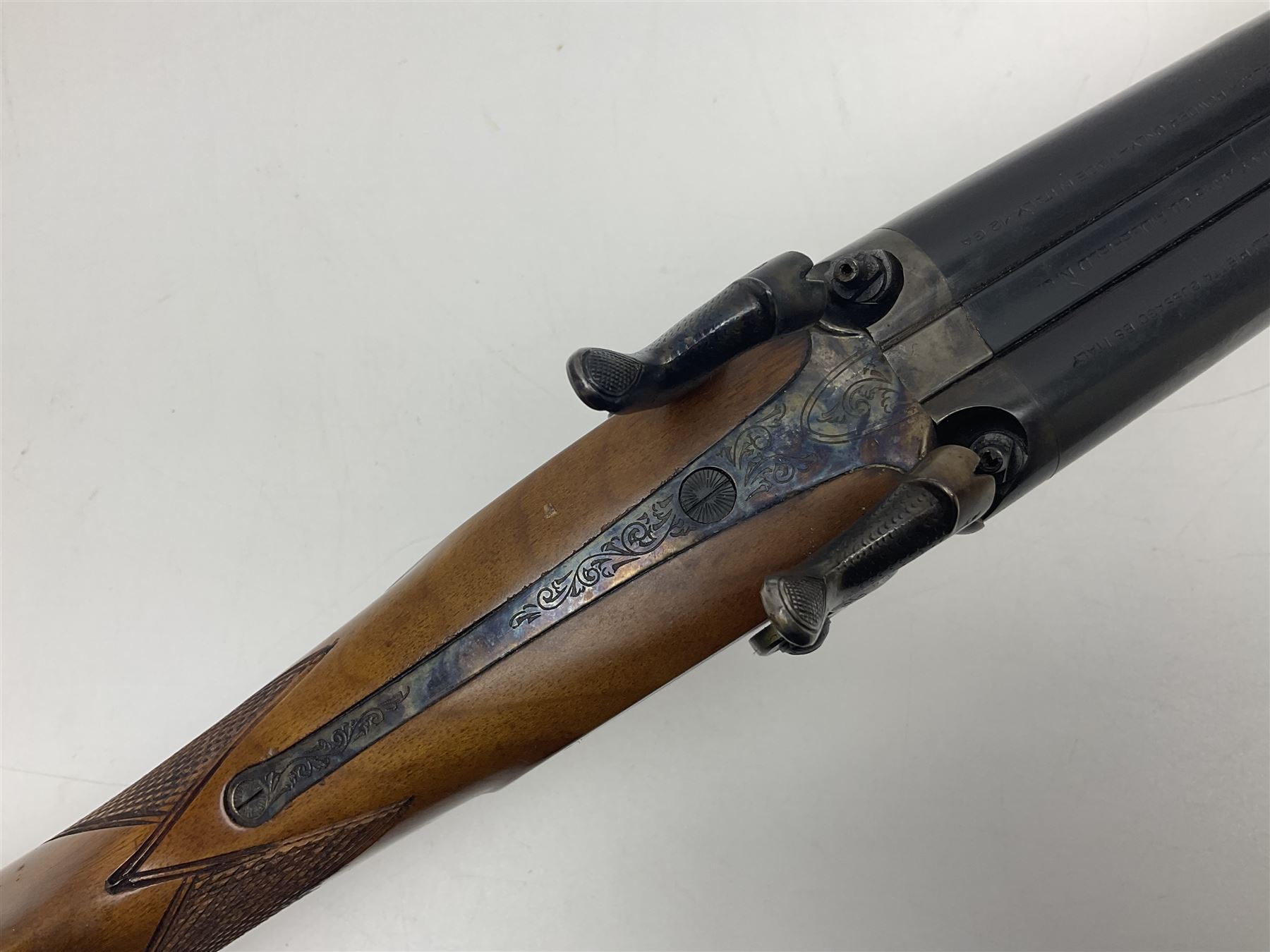 SHOTGUN CERTIFICATE REQUIRED: Fabbrica Armi F.lli Pietta Gussago BS Italy 12-bore side-by-side muzzle loading black powder double barrel percussion hammer gun, retailed by Navy Arms Co. Ridgefield N.J., the 71cm (28