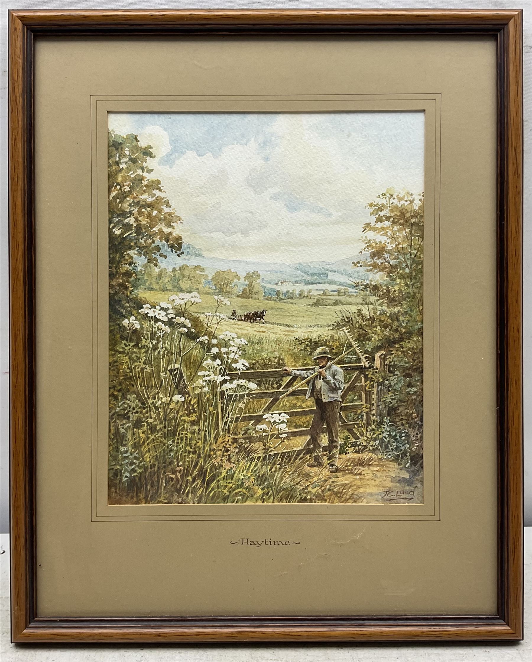 John Cecil Lund (British 1932-): 'Haytime', watercolour signed and titled 24cm x 19cm
