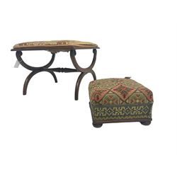 Regency mahogany X-framed stool, foliate upholstered top (W53cm H40cm); Victorian mahogany framed fender stool, needlework upholstered seat on cabriole supports (W102cm H16cm); and small 19th century embroidered footstool (W28cm H16cm)