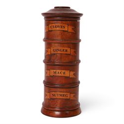 19th century style wooden spice tower, with four labelled compartments, H20cm