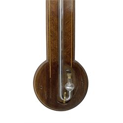 Comitti-20th century mercury stick barometer in an 18th century style mahogany case with satinwood stringing, with a broken pediment, brass finial and round base, silvered register with recording vernier, weather predictions and a centigrade/Fahrenheit spirit thermometer enclosed within a glazed door, visible tube with a bulb cistern and turned mahogany cover.
Mercury clean and present with no air locks.