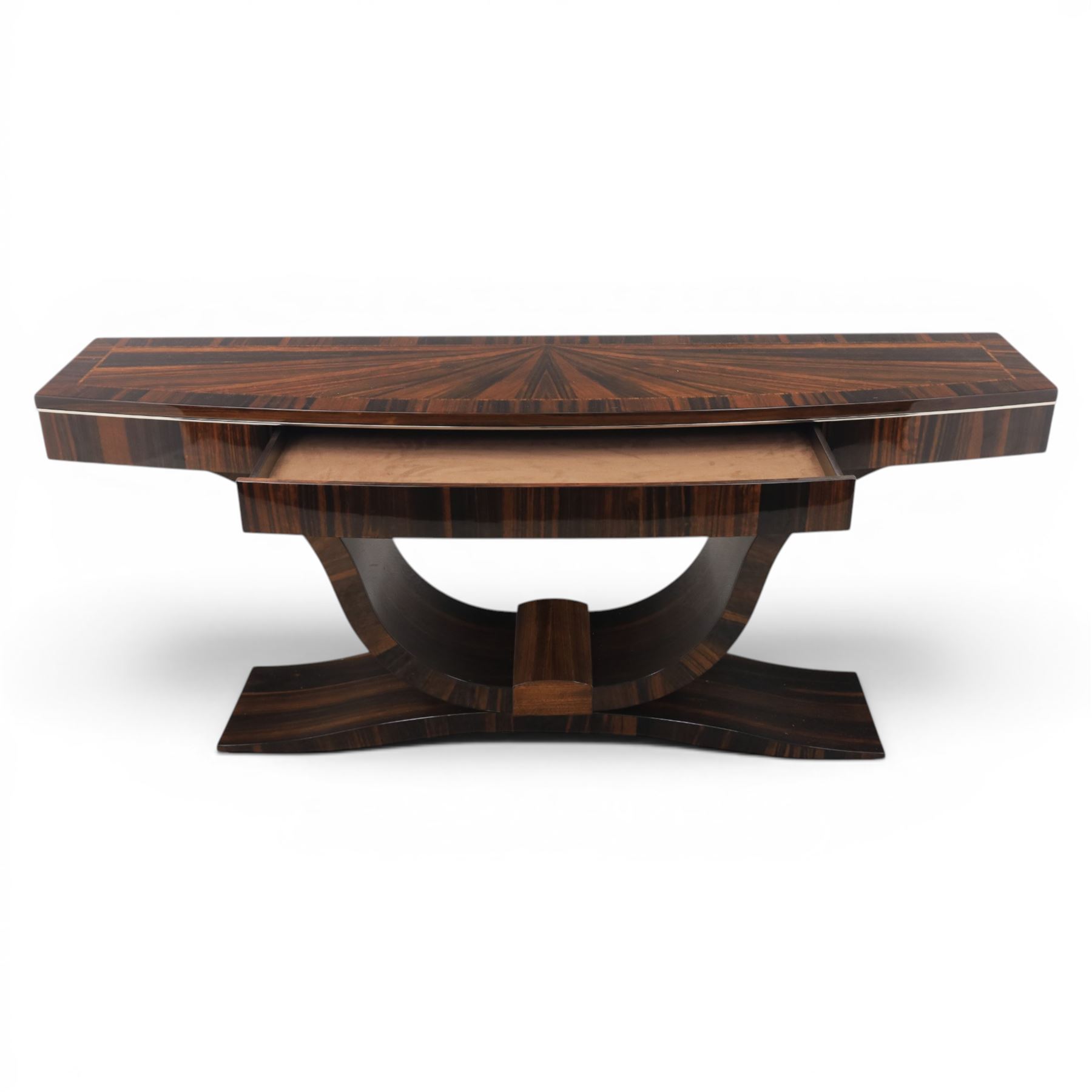 Giorgio Collection - Art Deco design macassar ebony 'Luna' console table, rectangular bow-front top with cross-banding and sun-burst veneer, fitted with single drawer, raised on a curved U-shaped base, retailed by Harrods