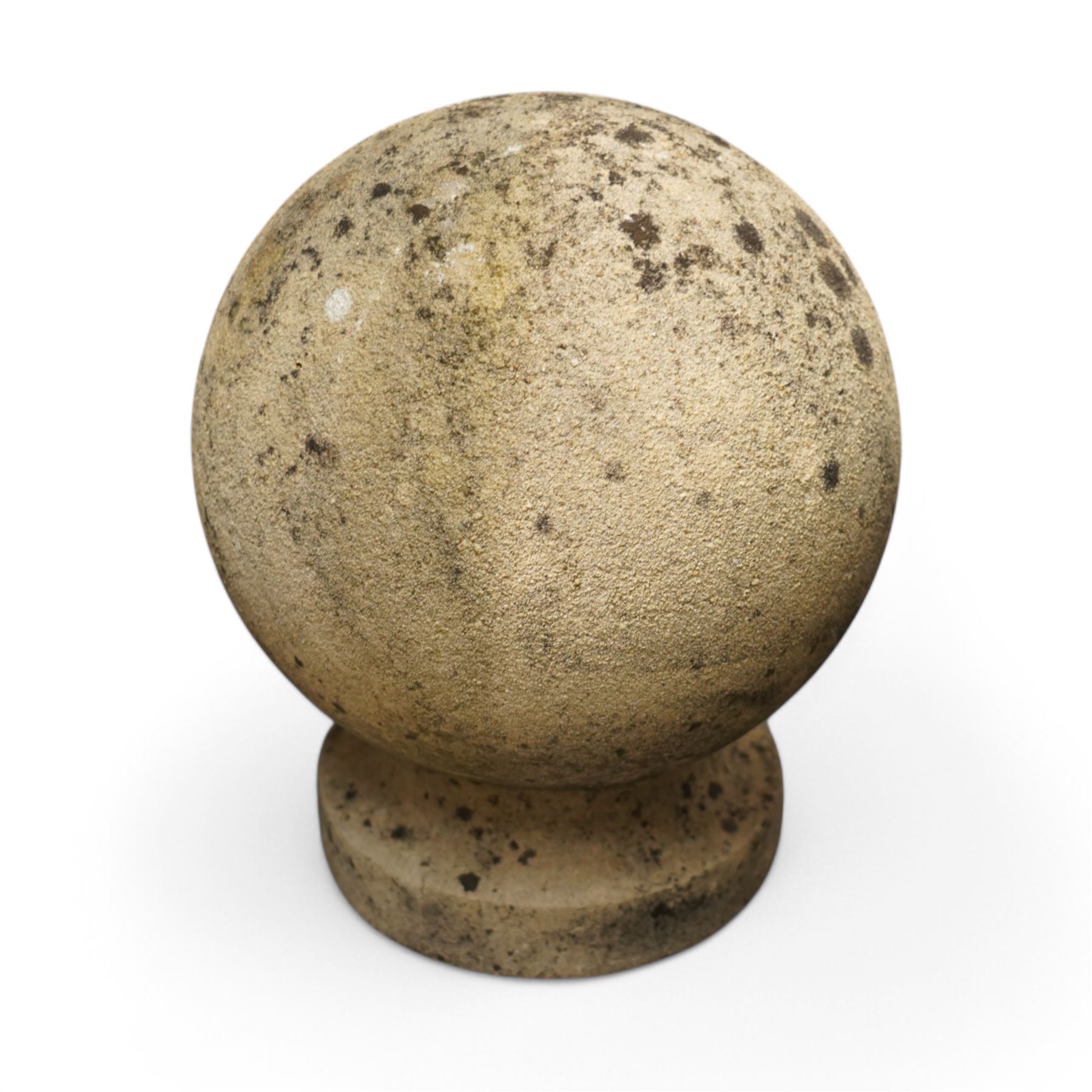 Pair of cast stone spherical ball garden finials or gate post tops