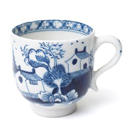 18th century Lowestoft porcelain coffee cup and saucer painted in the 'Two Pagoda Island' pattern, c1765-75, coffee cup H5.5cm