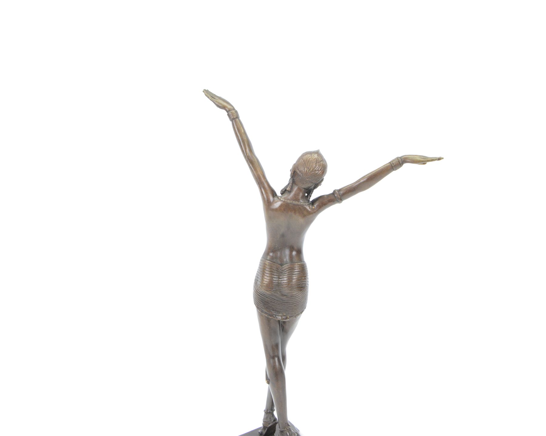 After Demétre Haralamb Chiparus (Romanian 1886-1947): Art Deco style bronze figure modelled as a dancer with raised arms, signed to the stepped bronze base and also bearing foundry stamp, upon a tapering marble plinth, overall H55cm
