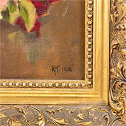 Mary Goudie Simpson (British 1869-1934): 'Vegetable Stall - Bruges', gouache signed, titled verso; Jean Fletcher (British 20th Century): 'St Anne's Square', mixed media signed and dated '95; together with two still lifes, oils on board signed K T and L I Warburton one dated 1906 max 45cm x 45cm (4)