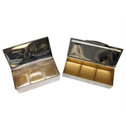 Two three division stamp boxes, the first with enamelled ladybird decoration and engraved initials to the inside of the hinged cover, the second with glass cover showing three King George V stamps