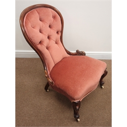  Victorian mahogany spoon back nursing chair, upholstered back and seat, cabriole feet  