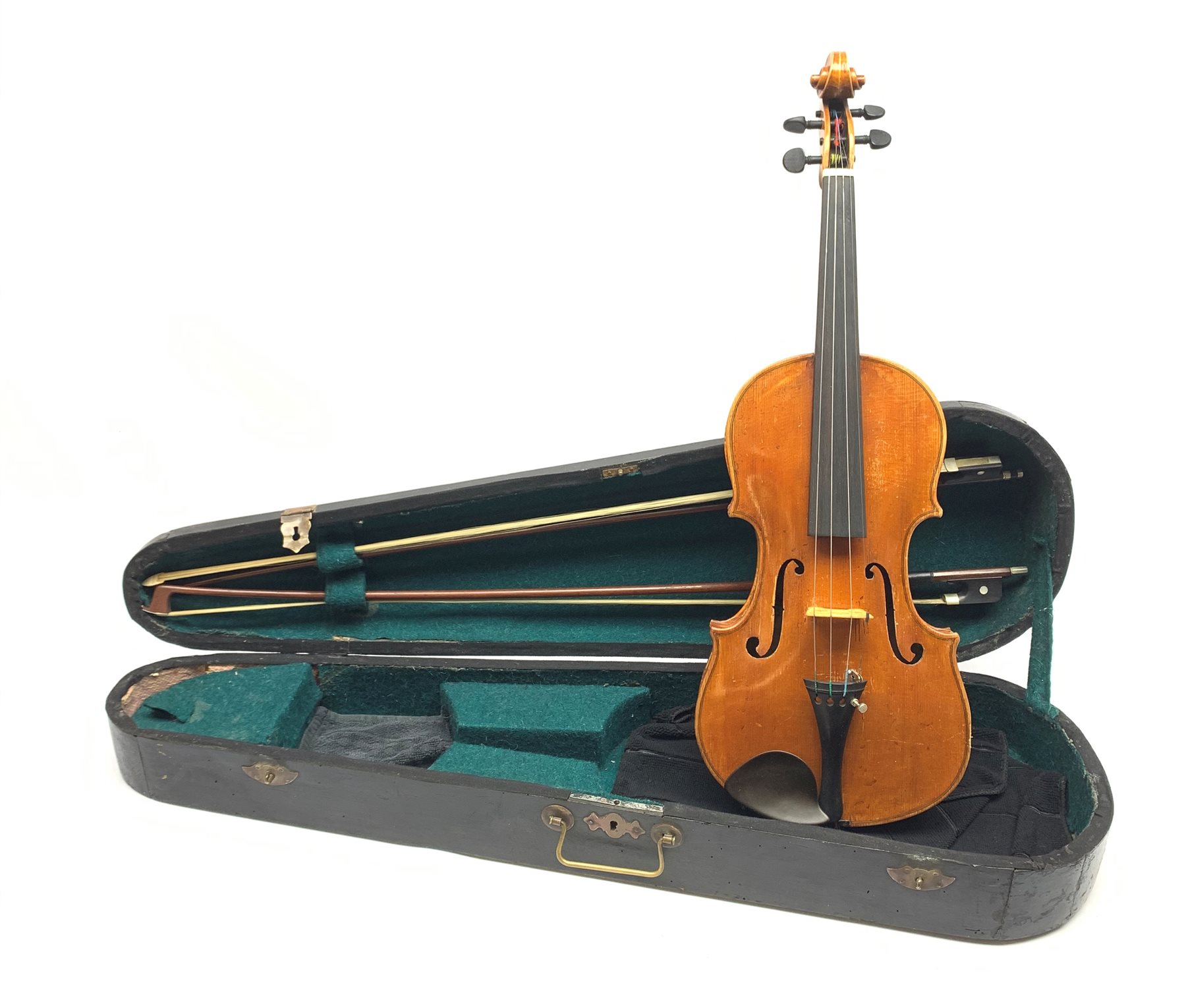 Late 19th century violin with 36cm maple back and spruce top, bears label 'Copy George Klotz Made in 1747', L59cm overall, in ebonised wooden carrying case with two bows  