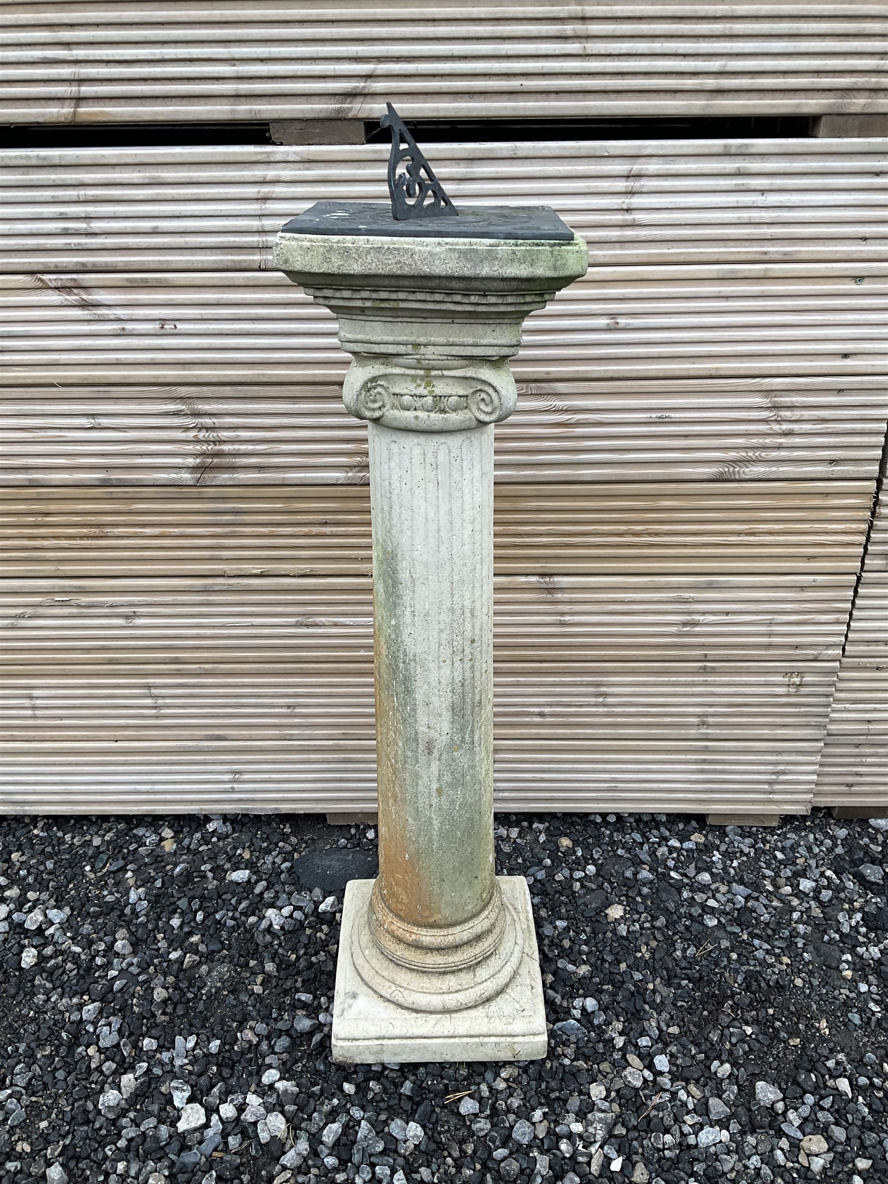 Composite stone sundial, on Ionic fluted column and stepped circular and square footed base - THIS LOT IS TO BE COLLECTED BY APPOINTMENT FROM DUGGLEBY STORAGE, GREAT HILL, EASTFIELD, SCARBOROUGH, YO11 3TX