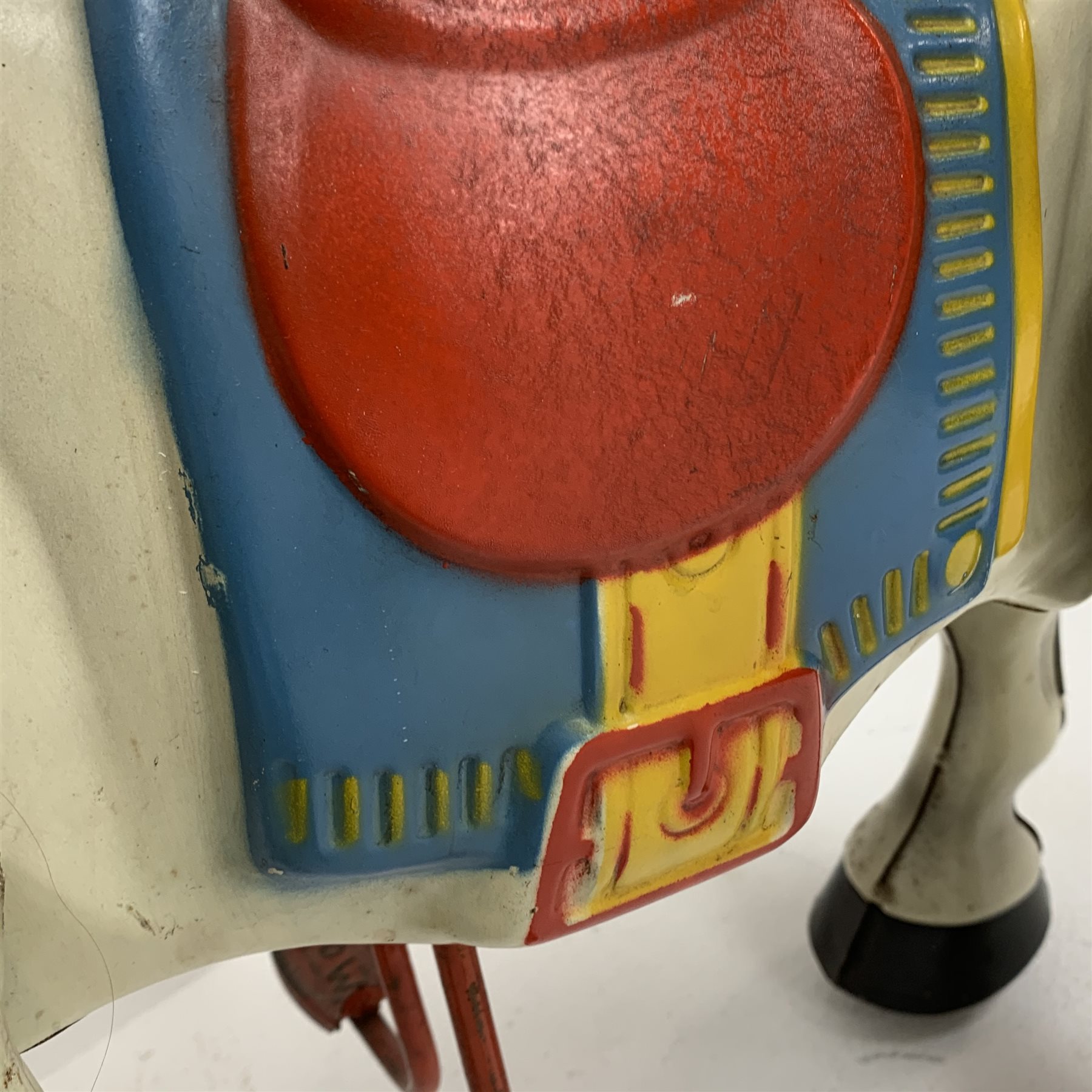 1950s Mobo Bronco metal ride-along horse with original decal to front, both footrests marked Mobo L67cm