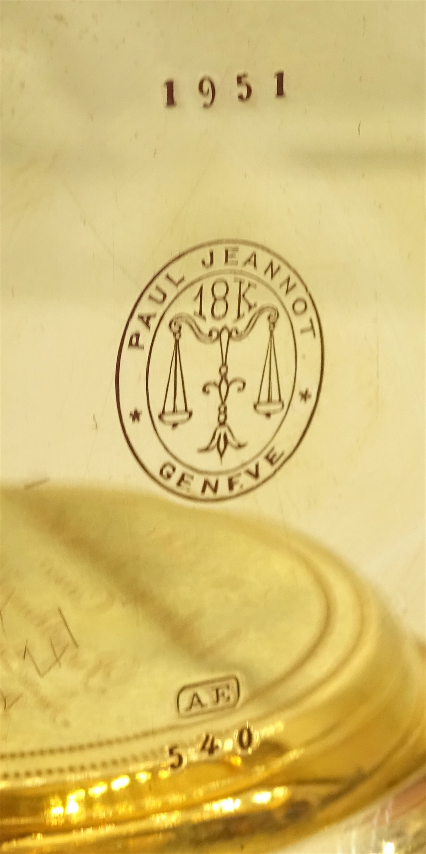 18ct gold full hunter keyless quarter repeating lever pocket watch, the gold inner dust cover engraved 'No 540 Antonio Veronesi Cairo', white enamel dial with Arabic numerals, case by Paul Jeannot  Geneve, stamped 18K